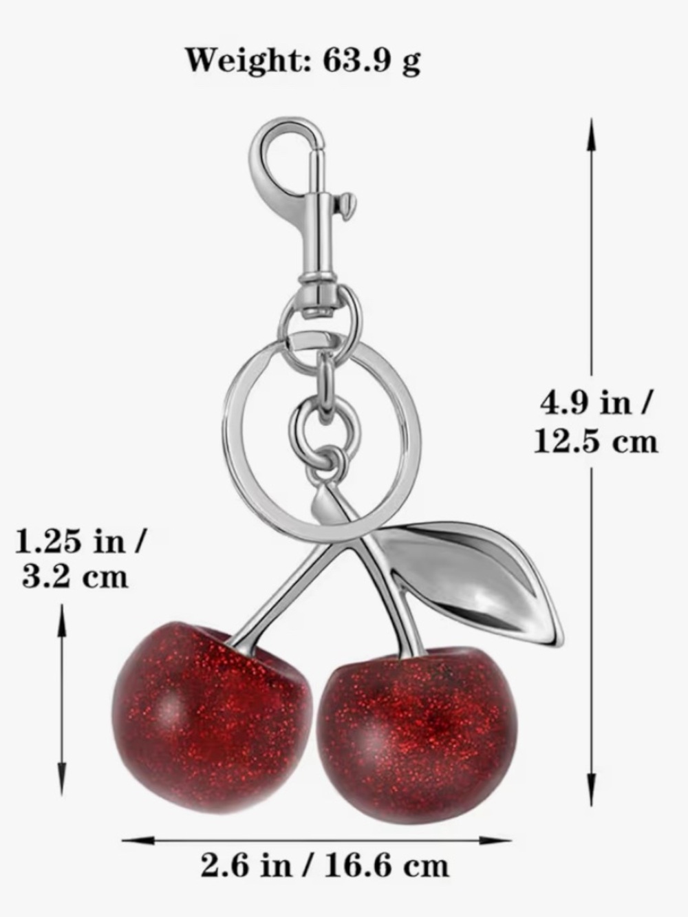 Glitter Cherry Bag Charm Keychain Resin Fruit Purse Key Ring Silver Tone Large - Picture 4 of 5